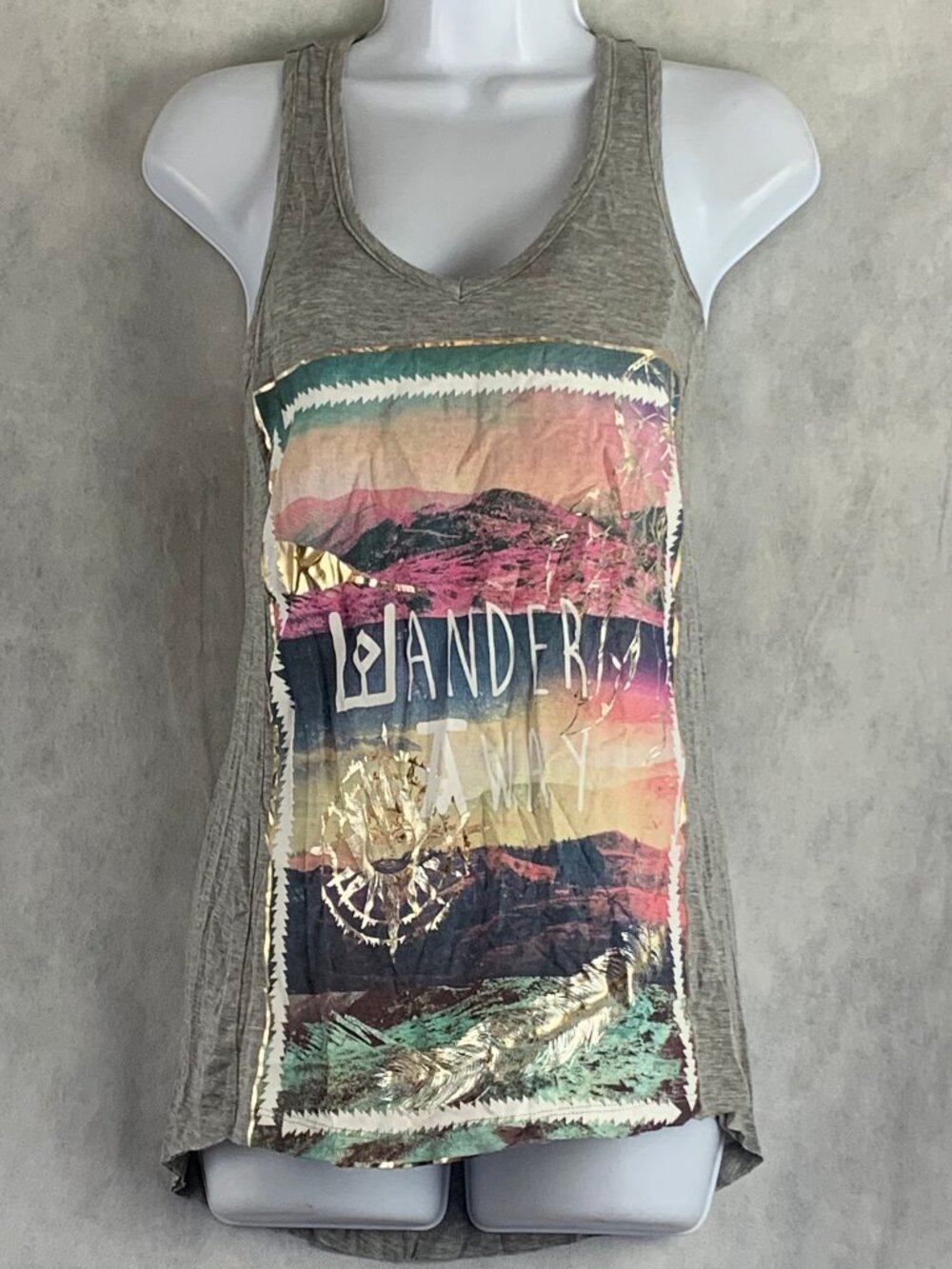 Belle Du Jour Juniors Scenic Print Tunic Tank Top, Gray Heather, XS